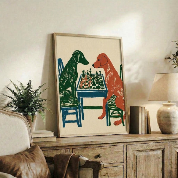 Nostalgic art print featuring anthropomorphic dogs playing chess, styled in minimalist retro design with earthy and jewel-tone colors evoking mid-century charm.