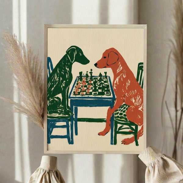 Whimsical framed artwork showing dogs at a chessboard in vintage retro style, combining cream and forest green with rust and cobalt accents for a witty, timeless look.