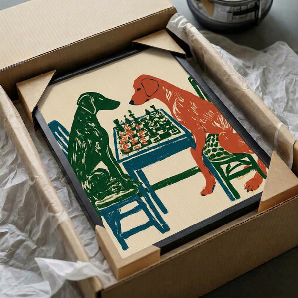 Playful retro-style poster of canine chess players rendered in a muted palette of cream, forest green, rust red, and cobalt blue with nostalgic minimalist appeal.