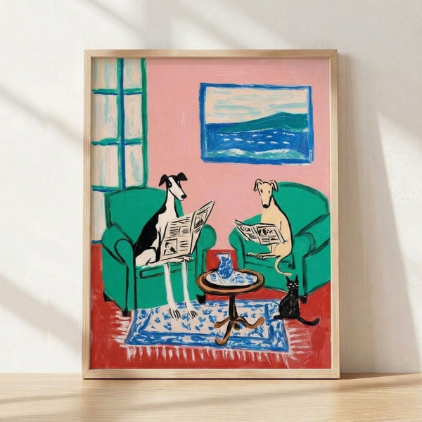 Whimsical line art poster showing two greyhounds and a black cat relaxed in an interior setting, one dog reading a newspaper in a chair, rendered in pink, emerald green, red, and blue tones.