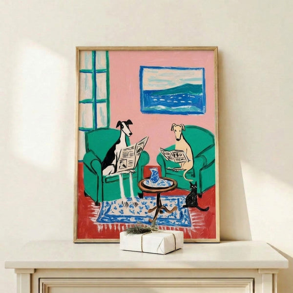 Modern line art framed poster featuring greyhounds with a black cat in a cozy domestic scene, one dog holding a newspaper, with a warm palette of pink, emerald, red, and cream.