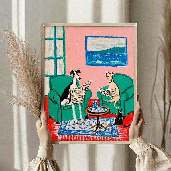 Humorous modern poster art depicting greyhounds and a black cat enjoying a leisurely moment indoors, one dog reading a newspaper by a window, in soft pink and emerald green hues.