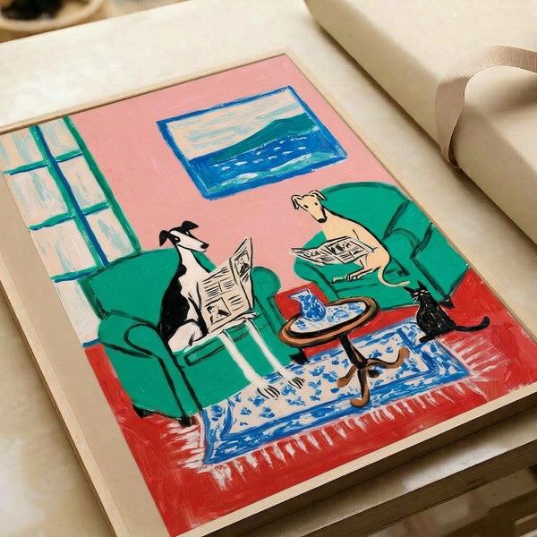 Contemporary line art print of whimsical greyhounds and a black cat in a comfortable interior, with one dog absorbed in reading a newspaper, accented with red, blue, and cream colors.