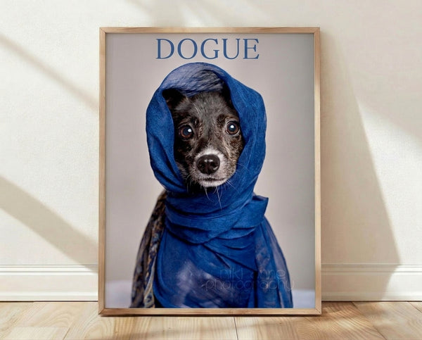 Whimsical pop art portrait of a dogue wearing a stylish blue scarf, rendered in bold blue, black, gray, and white tones on a beige background.
