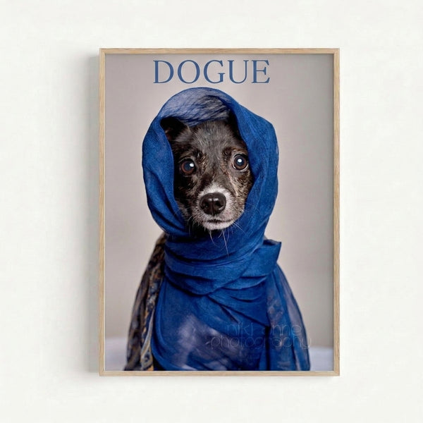 Modern pop art print featuring a fashionable dog in a blue scarf, displayed as a framed wall art with vibrant, humorous character.