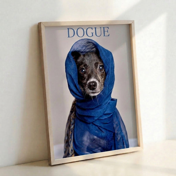 Funky pop art dog portrait showing a dogue accessorized with a chic blue scarf against a neutral palette of grays and whites.