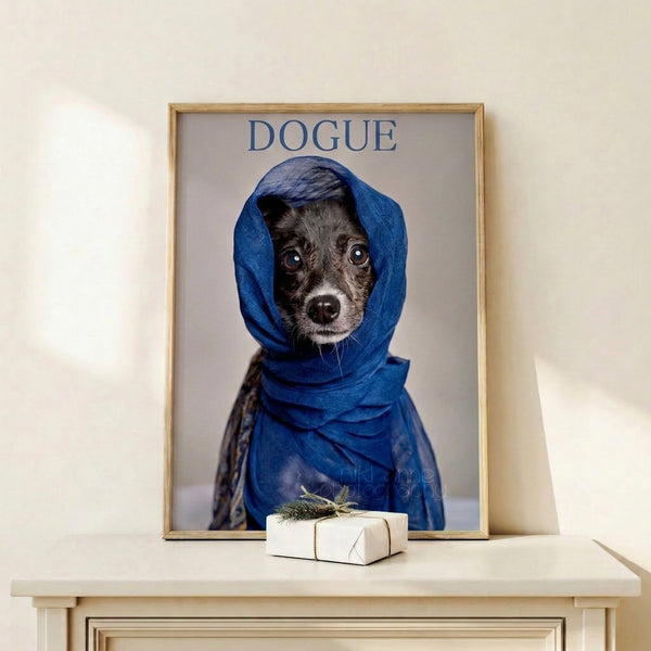 Colorful pop art poster of a whimsical dogue sporting a blue scarf, blending blue and black tones with playful artistic style.