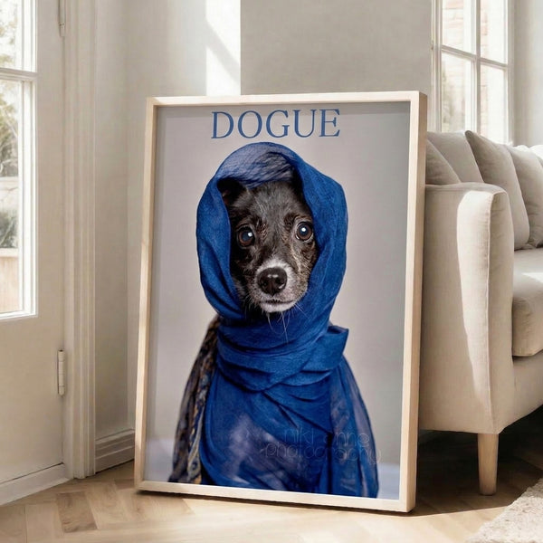 Contemporary pop art wall art depicting a stylish dog in a blue scarf, mixing bold graphics with humorous fashion-forward design.