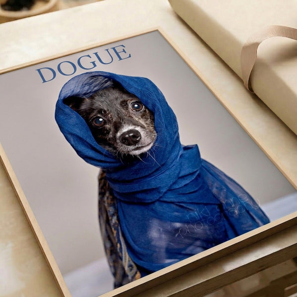 Pop art framed print of a dapper dogue wearing a blue scarf, executed in modern style with blue, black, gray, and cream tones.