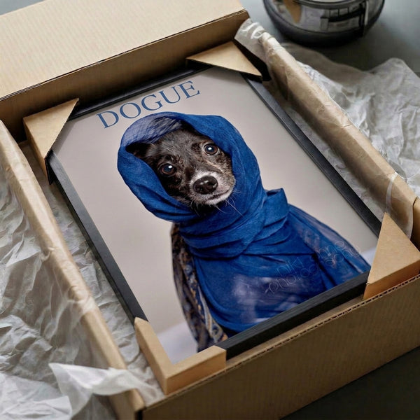 Whimsical dog portrait in pop art style featuring a dogue accessorized with a striking blue scarf, perfect for dog lover wall decor.