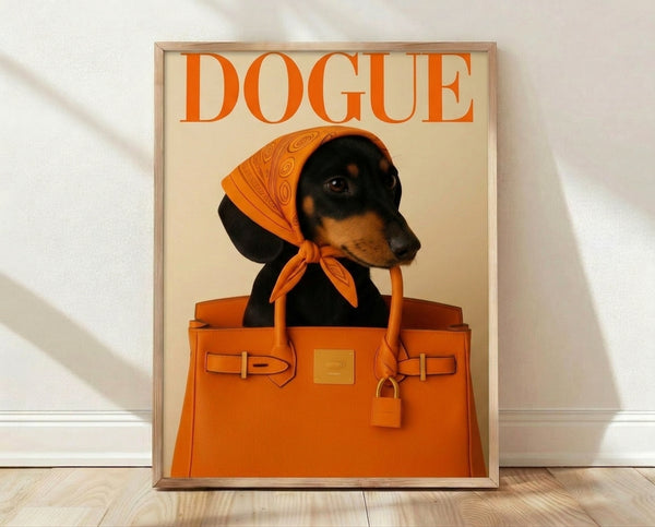 Pop art style framed poster featuring a stylized dachshund wearing a headscarf and holding a designer handbag, rendered in orange, black, tan, and cream tones with sophisticated playful humor.