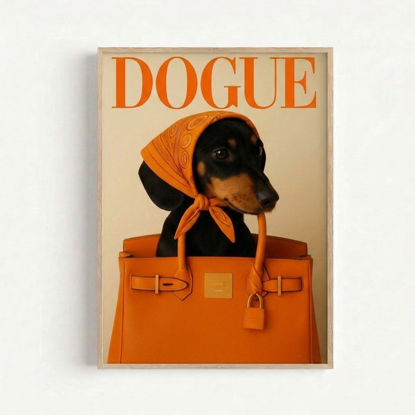 Modern retro poster art of a chic dachshund accessorized with a luxury handbag and headscarf, displayed as a framed print with bold orange and black editorial-inspired design.