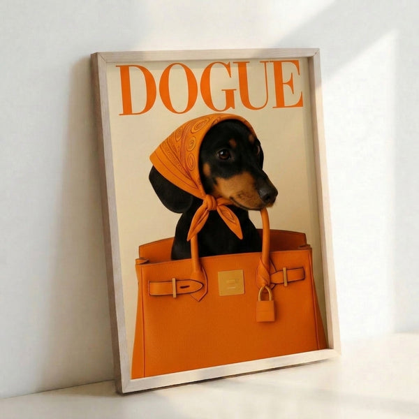 Framed pop art print showing a fashionable long-haired dachshund in magazine cover style, wearing a headscarf and carrying a Birkin-inspired bag against a cream and orange palette.