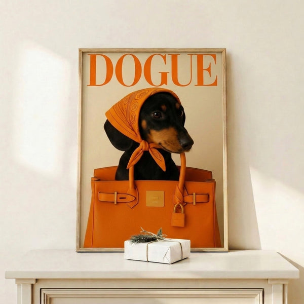 Sophisticated yet playful poster featuring a dachshund styled as a fashion icon, accessorized with a handbag and headscarf in retro pop art aesthetic with warm neutral tones.