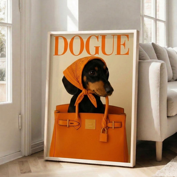 Chic editorial-inspired wall art of a dachshund in modern pop art style, adorned with luxury handbag and headscarf, framed print in orange, black, tan and cream.