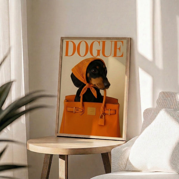 Pop art dog poster displaying a witty dachshund fashion illustration with designer handbag and headscarf, bold retro aesthetic in orange and black tones on cream background.