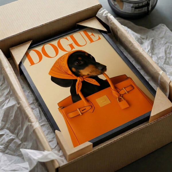 Framed modern art print of a stylized dachshund magazine cover style composition, accessorized with handbag and scarf, playful pop art rendering in warm sophisticated colors.
