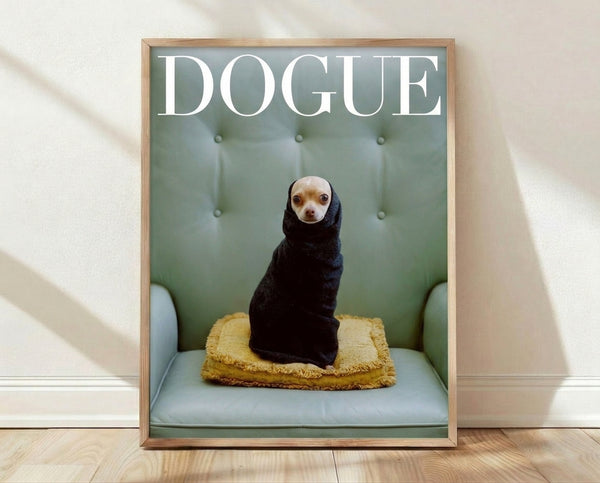 Pop art poster featuring a chihuahua lounging on a sage green sofa with a cream blanket, rendered in bold modern style with black and white accents.