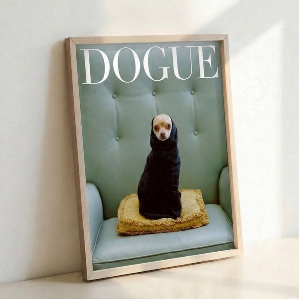 Humorous pop art wall poster depicting a chihuahua draped over a sofa with blanket, executed in contemporary style with earthy and neutral colors.