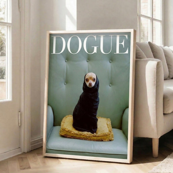 Chihuahua pop art print showing the dog posed on a green sofa with cozy blanket, blending whimsical modern aesthetics with a playful mood.