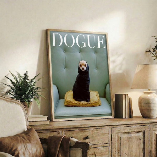 Framed pop art poster of a fashionable chihuahua lounge scene in sage green and cream tones, capturing a humorous and trendy interior art style.