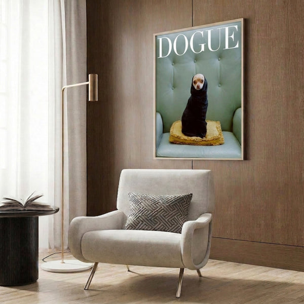 Contemporary pop art wall print featuring a chihuahua enjoying a blanket-draped sofa, rendered in bold modern colors and playful artistic style.
