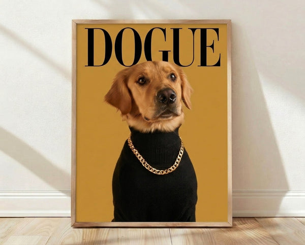 Pop art poster of a stylized golden retriever wearing a bold chain necklace, rendered in gold, black, and cream tones with a humorous, trendy aesthetic.