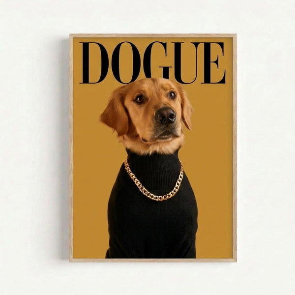 Modern funky art print depicting a glamorous golden retriever accessorized with a chunky chain, featuring vibrant pop art colors and an irreverent playful mood.