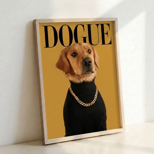 Framed pop art poster showcasing a fashionable golden retriever in gold and black hues, complete with statement chain jewelry and contemporary irreverent flair.
