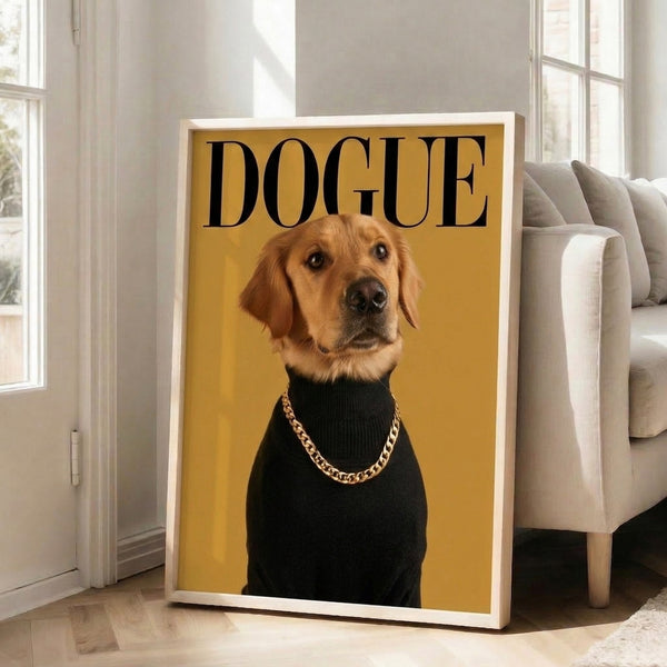 Contemporary pop art print of a golden retriever styled with a trendy chain necklace, executed in bold gold, tan, and cream with humorous attitude.
