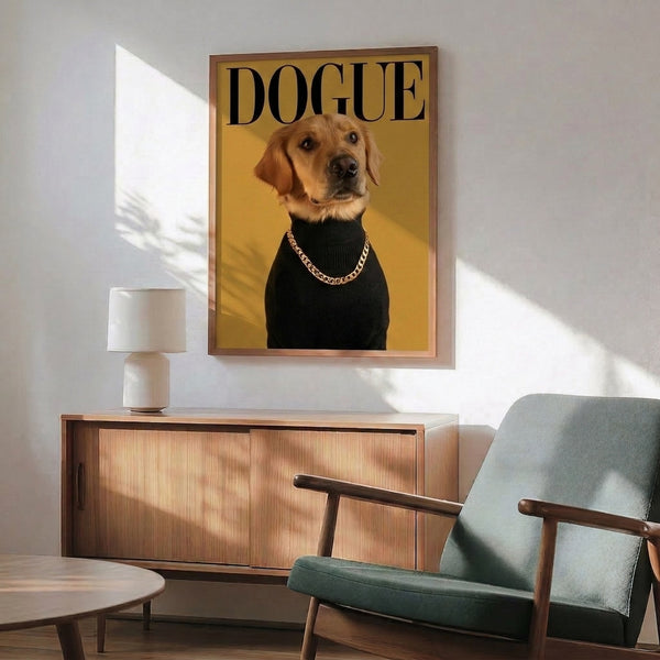 Modern wall art featuring a chic golden retriever adorned with chain accessories, rendered in pop art style with warm gold and cream tones and witty charm.
