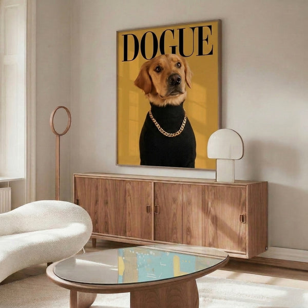 Pop art canvas displaying a fashionable golden retriever in chains against a striking gold and black palette, capturing trendy humorous energy.