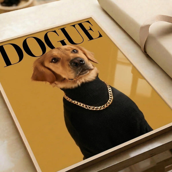 Framed funky pop art print of a glammed-up golden retriever wearing bold jewelry, rendered in cream, tan, and gold with irreverent modern style.