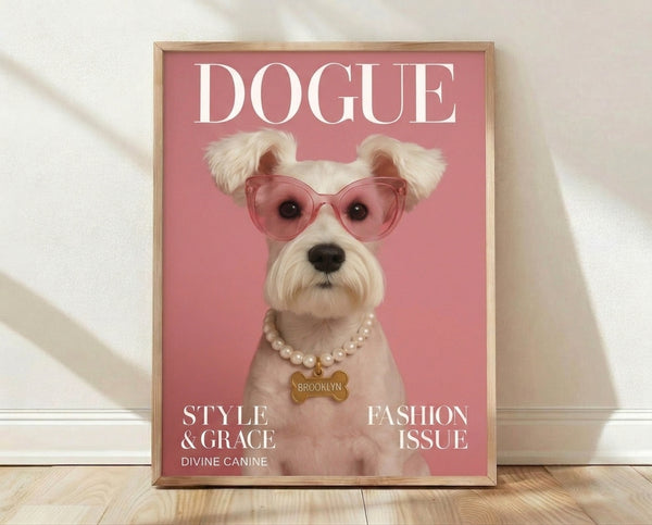 Pop art style framed poster of a fashionable schnauzer wearing oversized sunglasses and a pearl necklace against a rose pink and cream background with gold accents.