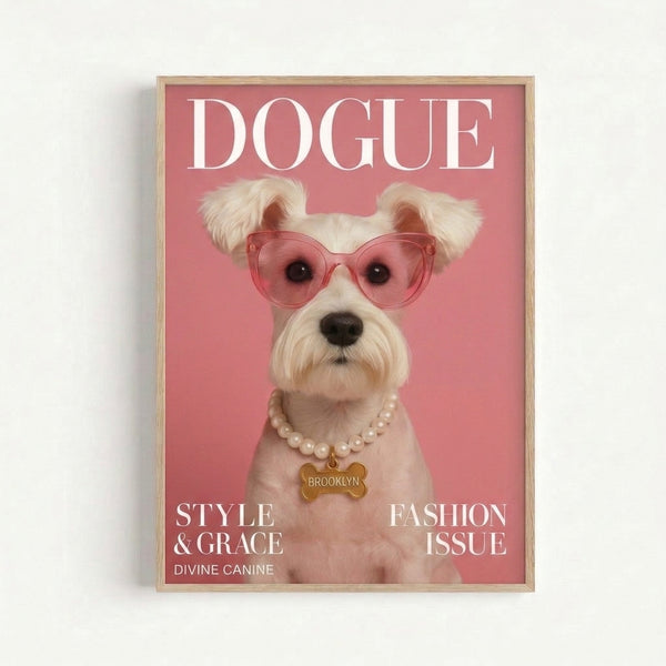 Modern coquette-inspired wall art featuring a glamorous dog in designer sunglasses and pearls, rendered in vibrant pop art style with pink, white, and black tones.