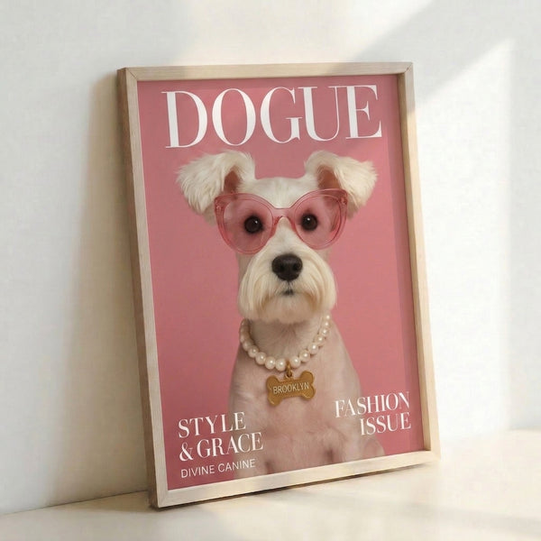 Whimsical framed dog portrait in pop art aesthetic showing a cheeky schnauzer accessorized with luxury sunglasses and pearl jewelry on a soft pink backdrop.