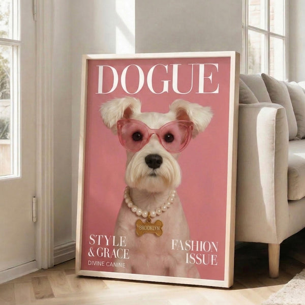 Trendy pop art poster of a stylish dog wearing statement sunglasses and a pearl necklace, blending coquette charm with modern graphic design in rose and cream hues.