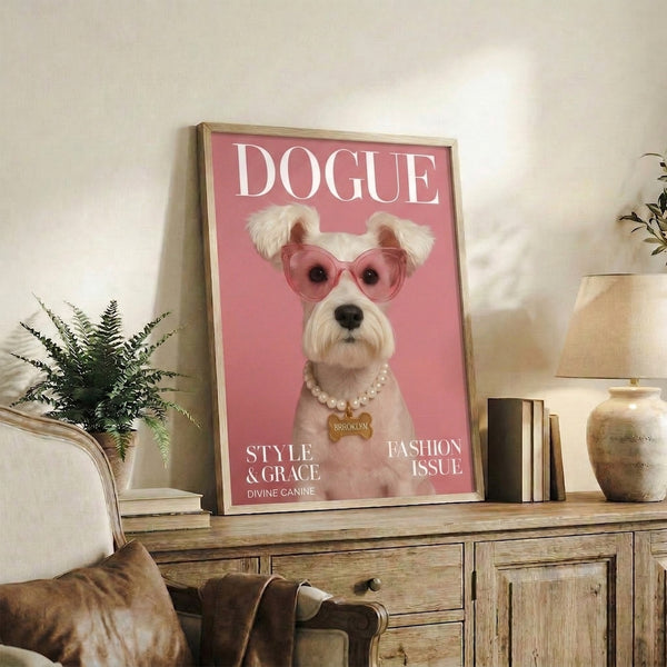 Fashion-forward framed wall print featuring a glamorous schnauzer in oversized shades and pearls, executed in bold pop art style with pink, cream, and gold palette.