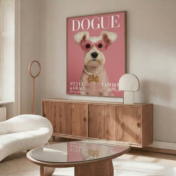Coquette-aesthetic dog art print showing a chic puppy adorned with sunglasses and pearls in contemporary pop art style, rendered in soft pinks and cream with black accents.