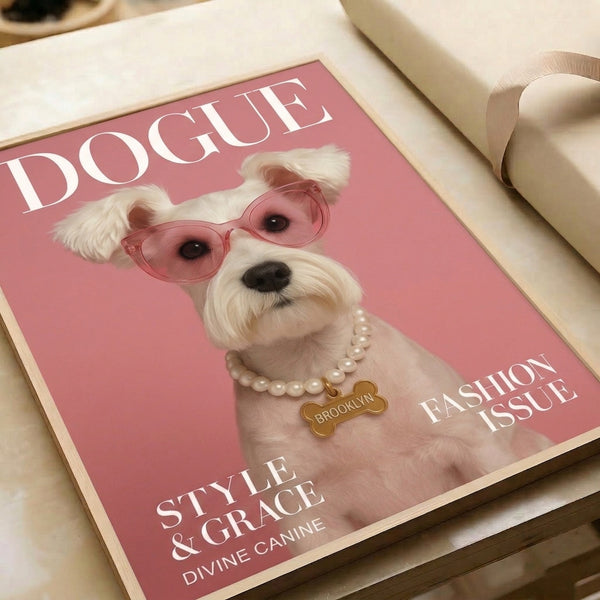 Modern pop art wall poster of a fashionable dog wearing designer sunglasses and pearl necklace, combining whimsical charm with luxe coquette style in rose and white tones.
