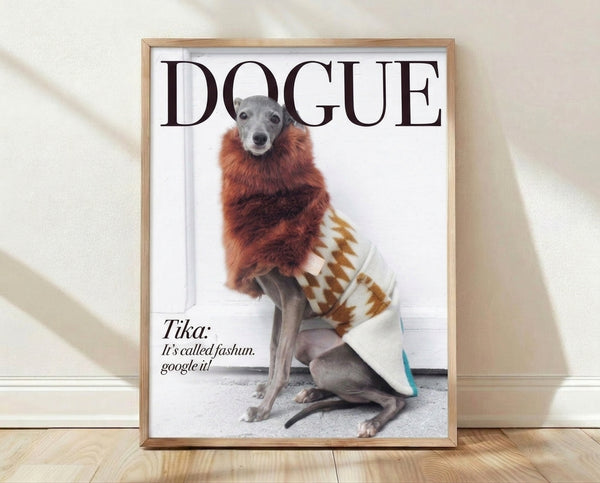 Pop art poster of a stylish Italian Greyhound wearing a rust-colored sweater, rendered in vibrant whimsical style with cream and gray tones framed on a wall.