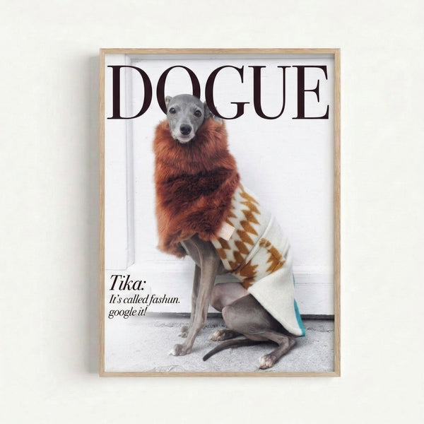 Funky modern art print featuring a fashionable dog in a cozy brown sweater against a cream background, capturing a humorous and trendy aesthetic.