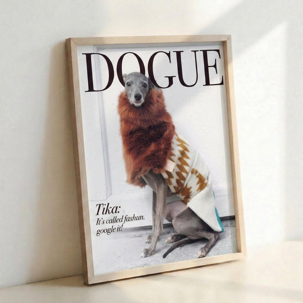 Framed poster art of an elegantly dressed Italian Greyhound in a rust sweater with playful pop art flair, blending gray and white accents in a whimsical composition.
