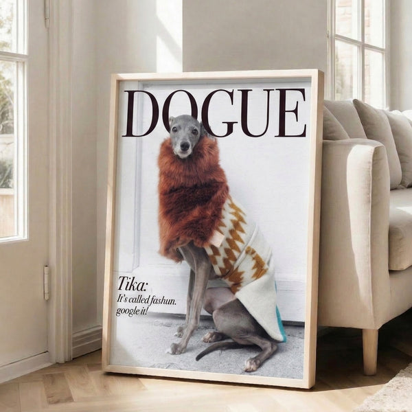 Stylish pop art dog portrait showing an Italian Greyhound in a brown and rust sweater with humorous character, displayed as a framed print with cream and gray palette.