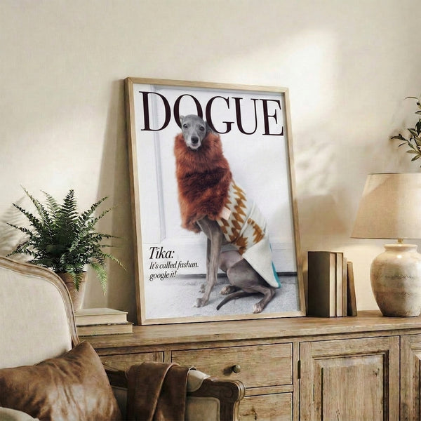 Modern whimsical poster of a chic dog wearing a fashionable rust sweater, rendered in vibrant pop art style with cream, gray, and white tones.