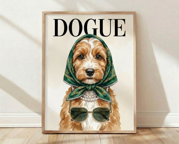 Whimsical pop art portrait of a fashionable dogue wearing oversized sunglasses, a chic headscarf, and pearl necklace against a cream and gold minimalist background.