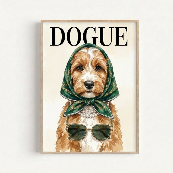 Playful modern art print of a sophisticated dog styled in luxury accessories including sunglasses and pearls, rendered in forest green, tan, and cream tones.