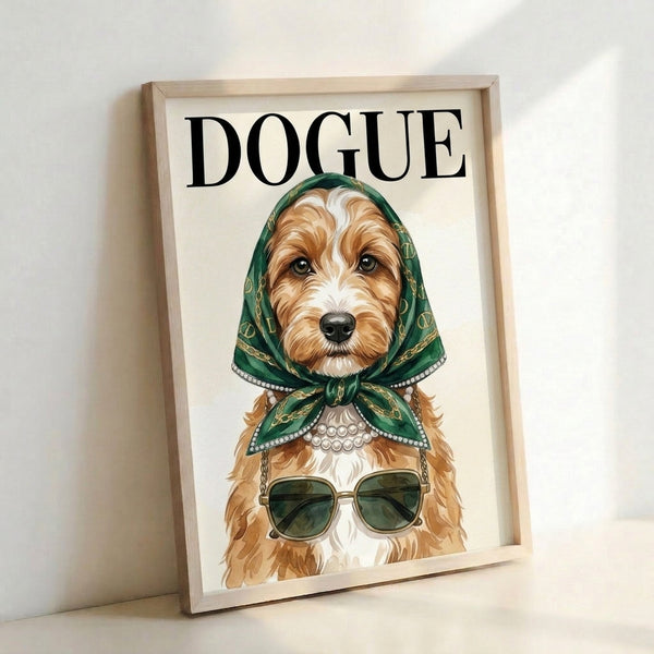 Framed pop art poster featuring a dogue dressed in fashion-forward sunglasses and headwrap with pearl jewelry, blending whimsy with elegant minimalist design in warm earth tones.