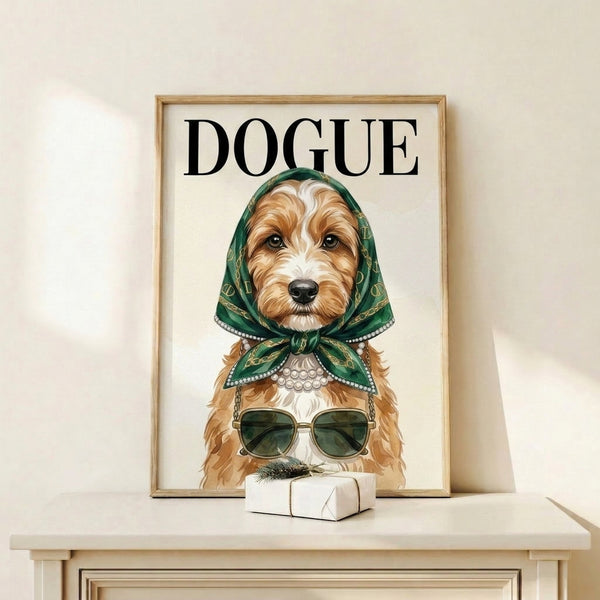 Contemporary dog breed portrait with stylized fashion elements—sunglasses, pearls, and headscarf—set against a sophisticated cream, gold, and forest green palette.