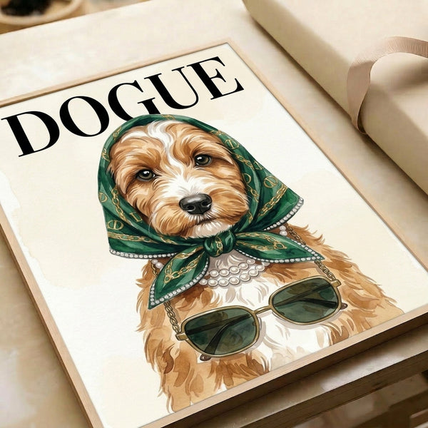 Minimalist modern poster showcasing a sophisticated dogue in trendy sunglasses and pearl necklace with headscarf, illustrated in cream, tan, and forest green.